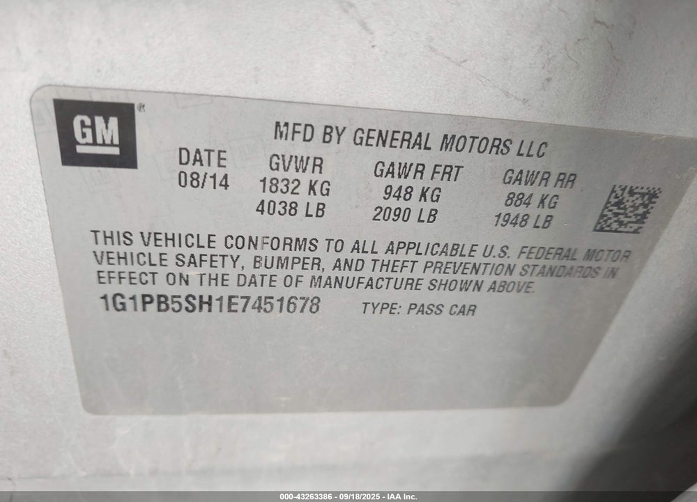 2014 CHEVROLET CRUZE VIN: 1G1PB5SH1E7451678