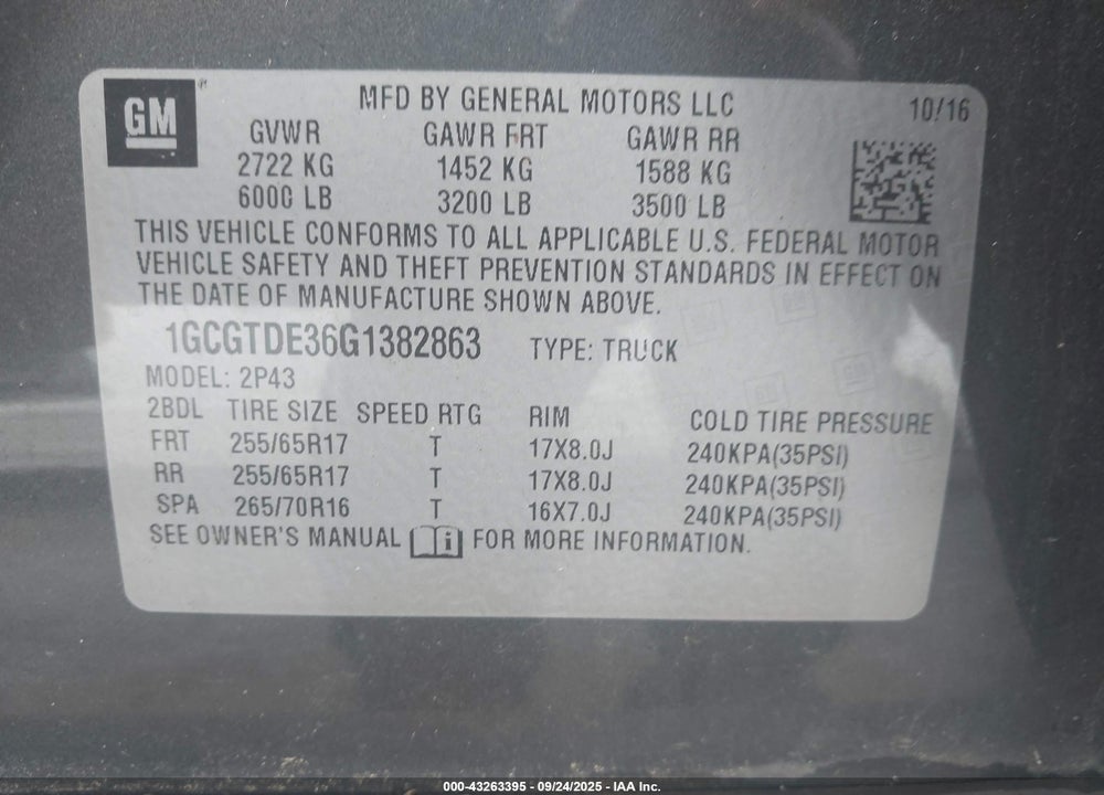 2016 CHEVROLET COLORADO VIN: 1GCGTDE36G1382863