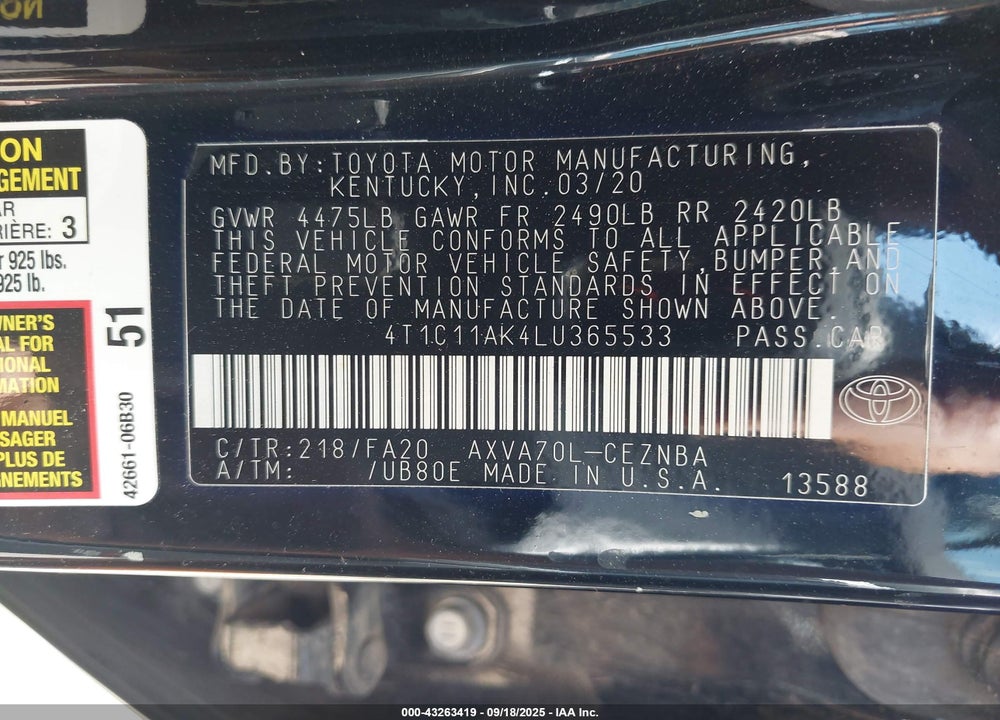 2020 TOYOTA CAMRY LE VIN: 4T1C11AK4LU365533