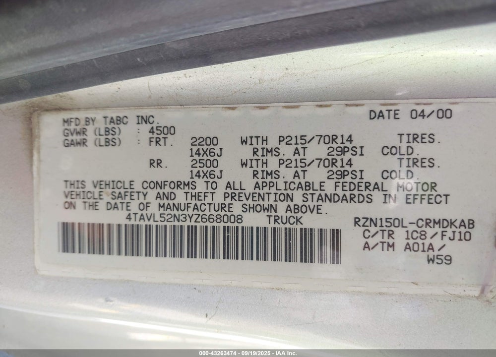 2000 TOYOTA TACOMA VIN: 4TAVL52N3YZ668008