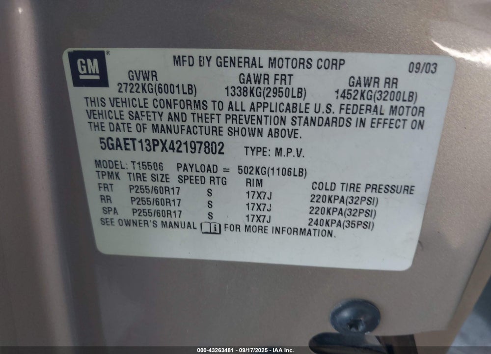 2004 BUICK RAINIER CXL VIN: 5GAET13PX42197802