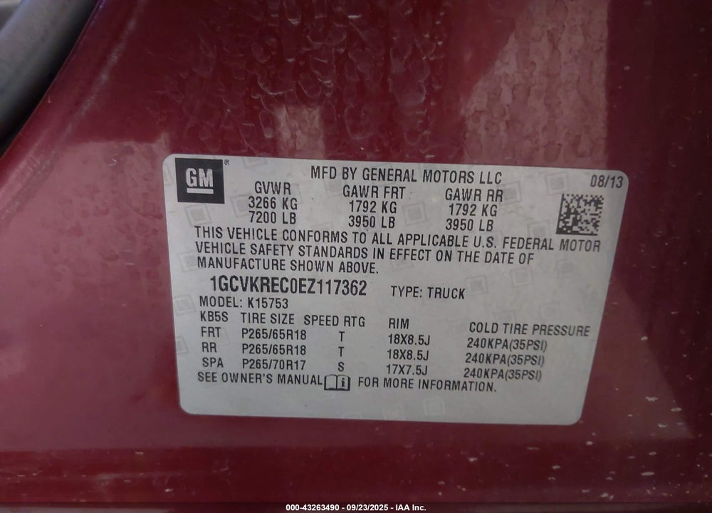 2014 CHEVROLET SILVERADO 1500 VIN: 1GCVKREC0EZ117362