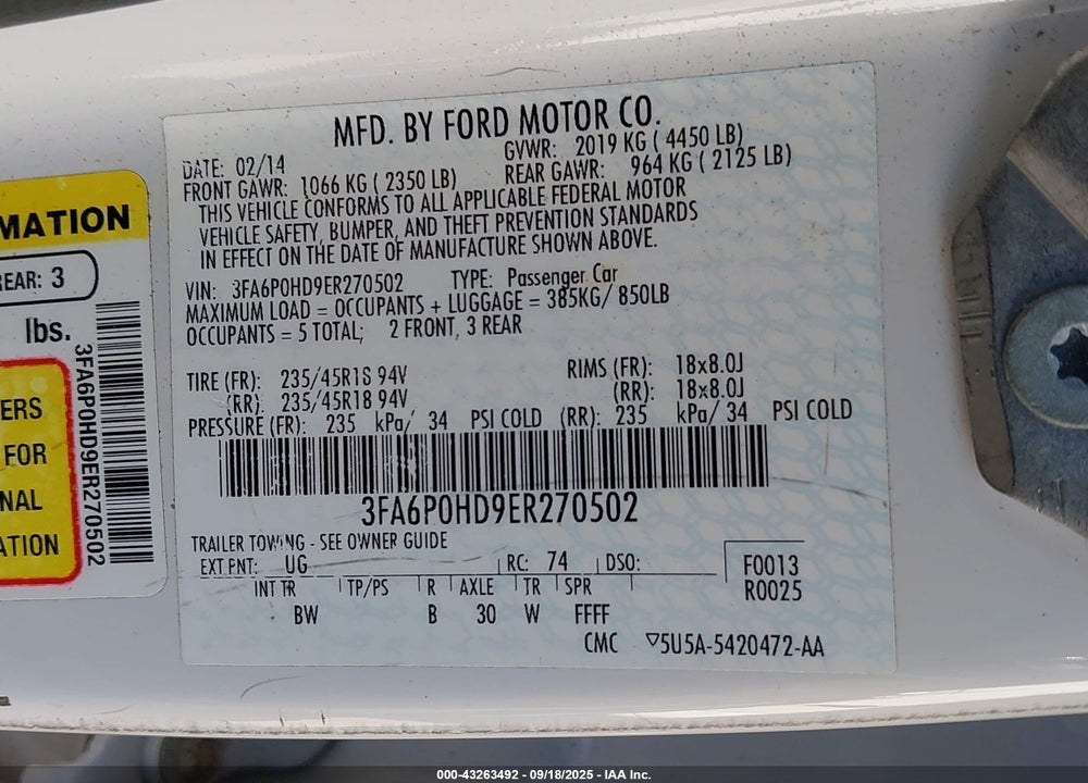 2014 FORD FUSION VIN: 3FA6P0HD9ER270502