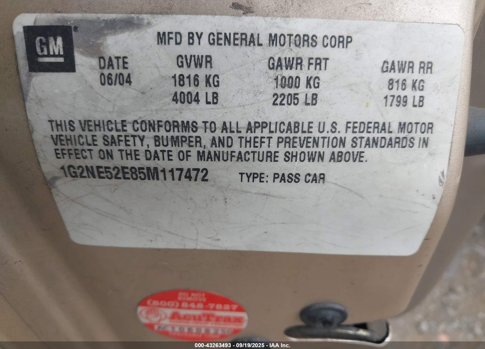 2005 PONTIAC GRAND AM SE VIN: 1G2NE52E85M117472