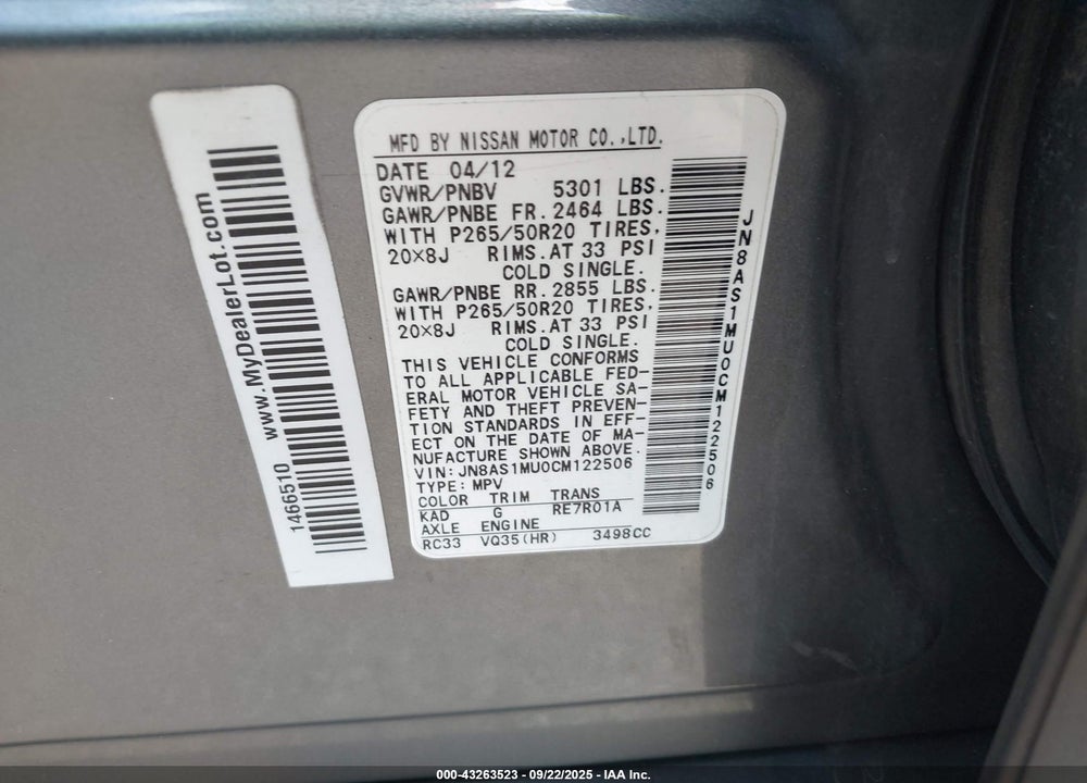 2012 INFINITI FX35 VIN: JN8AS1MU0CM122506