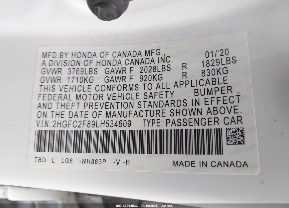 2020 HONDA CIVIC SPORT VIN: 2HGFC2F89LH534609