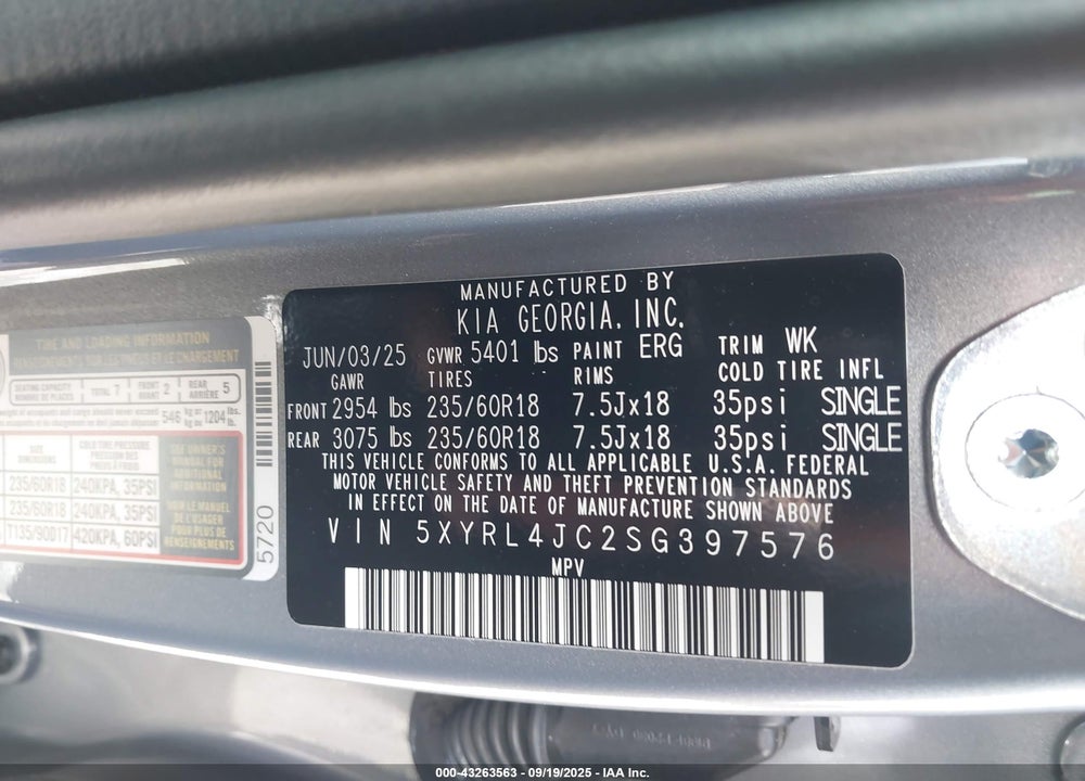 2025 KIA SORENTO S VIN: 5XYRL4JC2SG397576