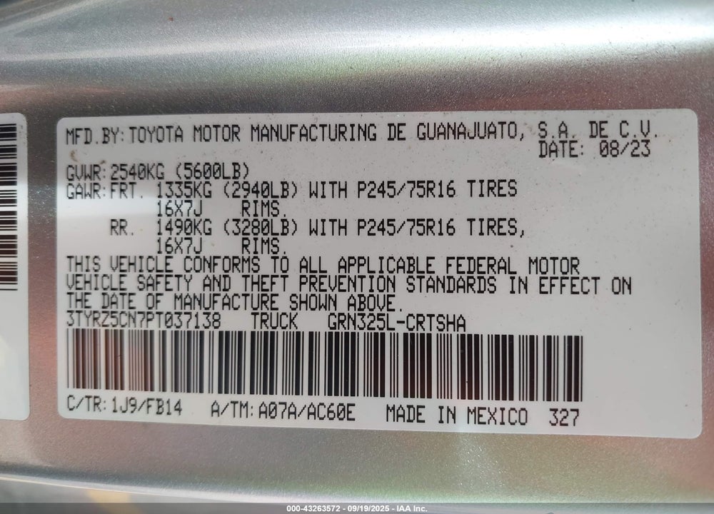 2023 TOYOTA TACOMA SR V6 VIN: 3TYRZ5CN7PT037138