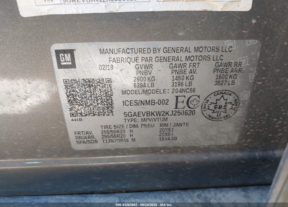 2019 BUICK ENCLAVE VIN: 5GAEVBKW2KJ250620