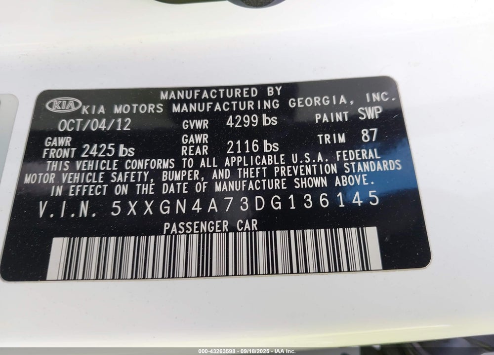 2013 KIA OPTIMA EX VIN: 5XXGN4A73DG136145