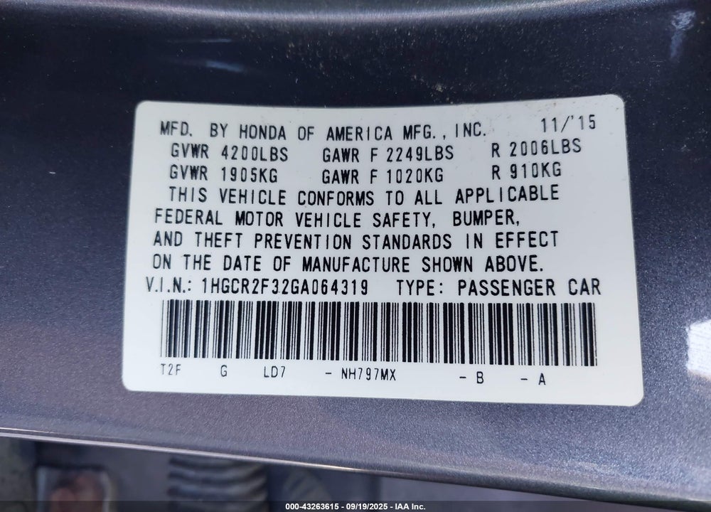 2016 HONDA ACCORD VIN: 1HGCR2F32GA064319