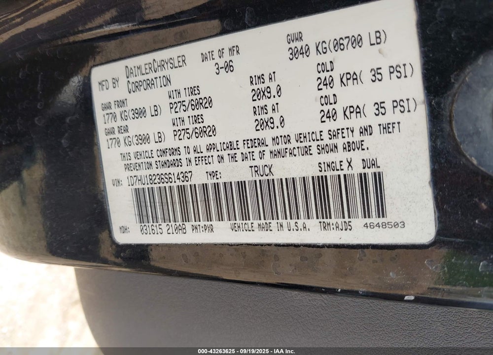 2006 DODGE RAM 1500 SLT/TRX4 OFF ROAD/SPORT VIN: 1D7HU18236S614367