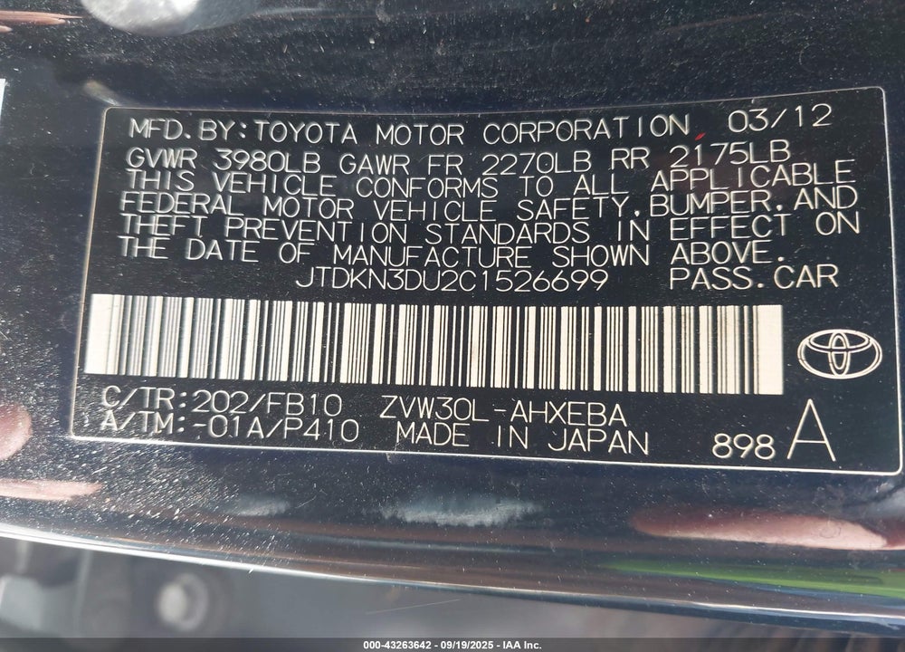 2012 TOYOTA PRIUS VIN: JTDKN3DU2C1526699