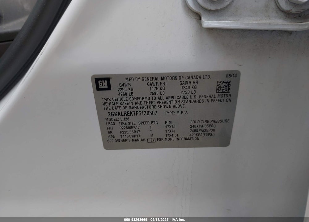 2015 GMC TERRAIN VIN: 2GKALREK7F6130307