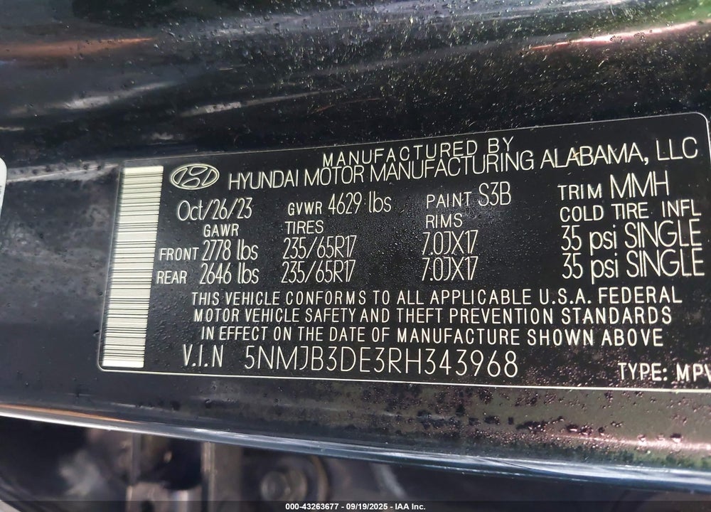 2024 HYUNDAI TUCSON VIN: 5NMJB3DE3RH343968