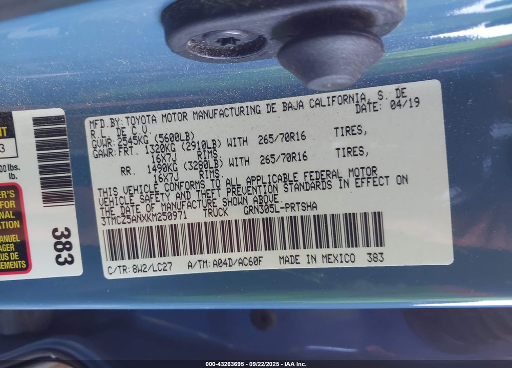 2019 TOYOTA TACOMA VIN: 3TMCZ5ANXKM250971