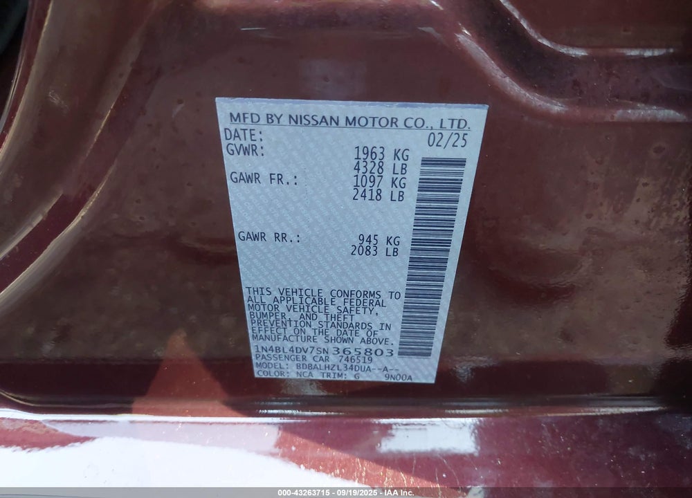2025 NISSAN ALTIMA VIN: 1N4BL4DV7SN365803
