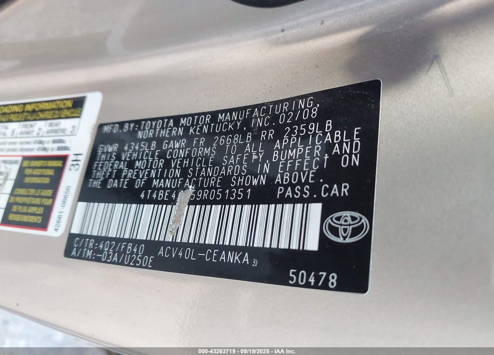 2009 TOYOTA CAMRY VIN: 4T4BE46K59R051351