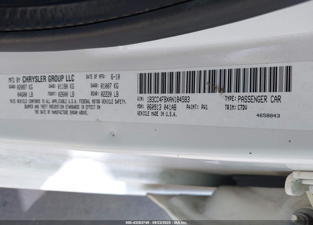 2010 DODGE AVENGER VIN: 1B3CC4FBXAN184583
