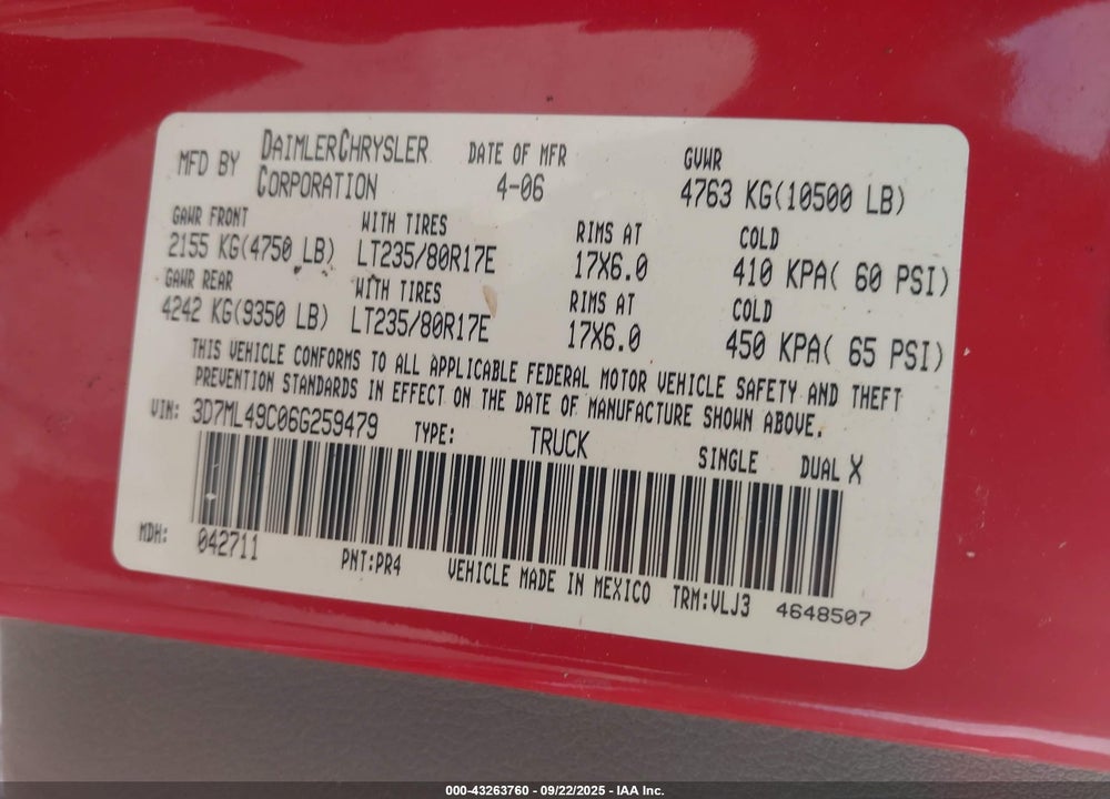 2006 DODGE RAM 3500 LARAMIE VIN: 3D7ML49C06G259479