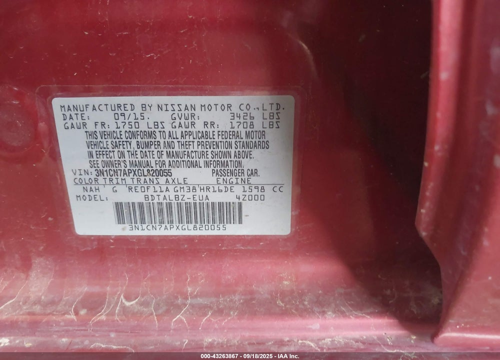 2016 NISSAN VERSA VIN: 3N1CN7APXGL820055