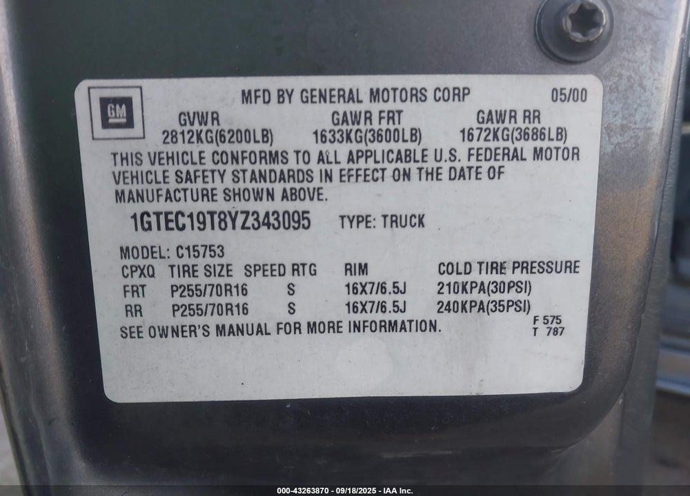 2000 GMC SIERRA 1500 SLE VIN: 1GTEC19T8YZ343095