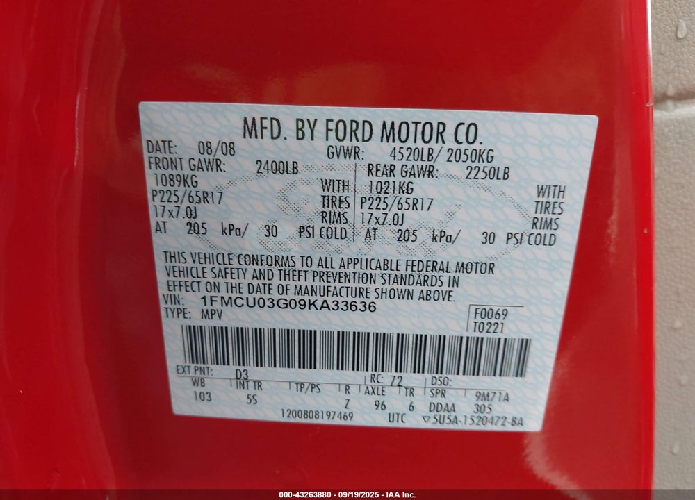 2009 FORD ESCAPE VIN: 1FMCU03G09KA33636