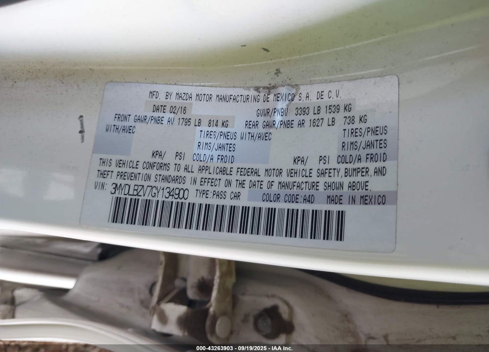 2016 SCION IA VIN: 3MYDLBZV7GY134900