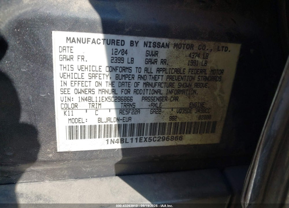 2005 NISSAN ALTIMA 3.5 SL VIN: 1N4BL11EX5C296866