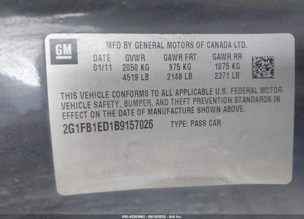 2011 CHEVROLET CAMARO VIN: 2G1FB1ED1B9157026