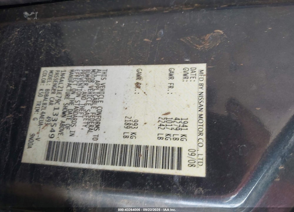 2009 NISSAN ALTIMA VIN: 1N4AL21E79C133549