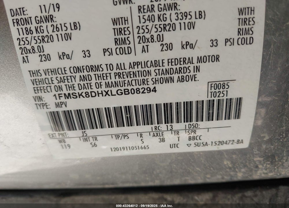 2020 FORD EXPLORER XLT VIN: 1FMSK8DHXLGB08294