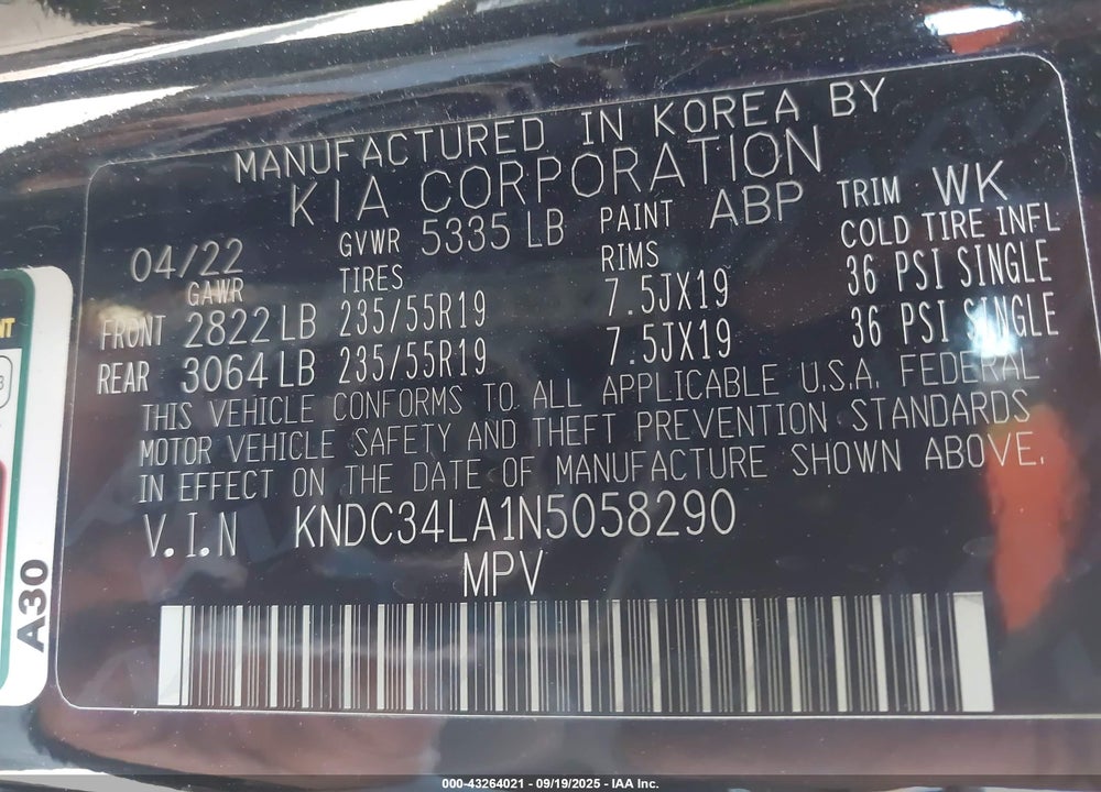 2022 KIA EV6 VIN: KNDC34LA1N5058290
