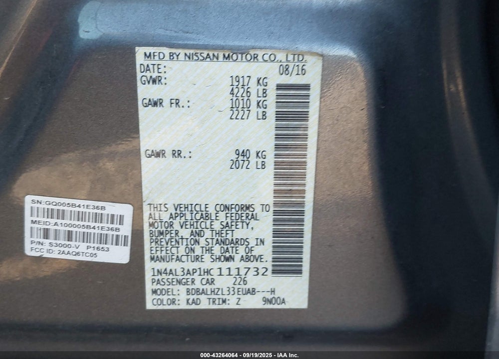 2017 NISSAN ALTIMA VIN: 1N4AL3AP1HC111732