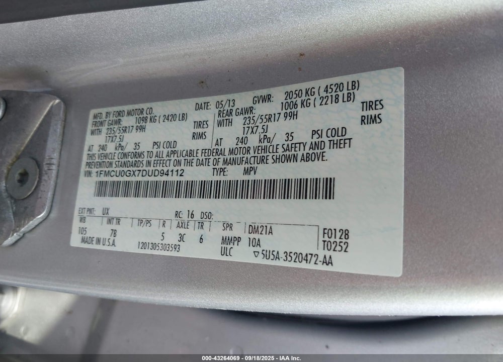 2013 FORD ESCAPE VIN: 1FMCU0GX7DUD94112