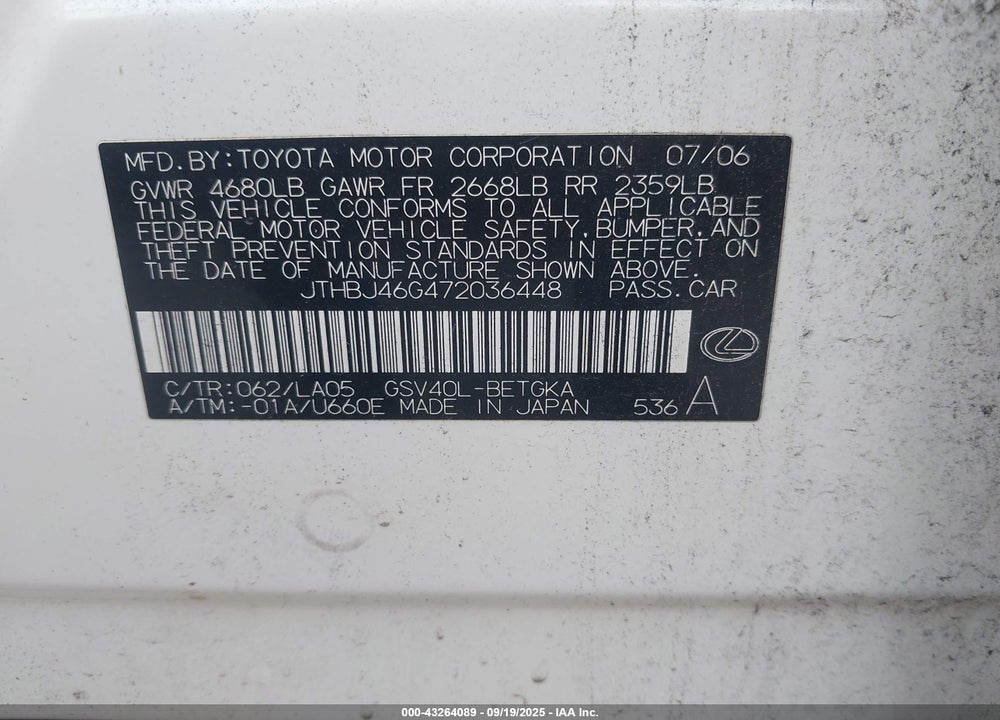 2007 LEXUS ES 350 VIN: JTHBJ46G472036448