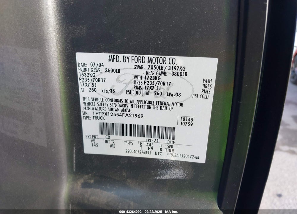 2004 FORD F-150 LARIAT/XL/XLT VIN: 1FTPX12554FA21969
