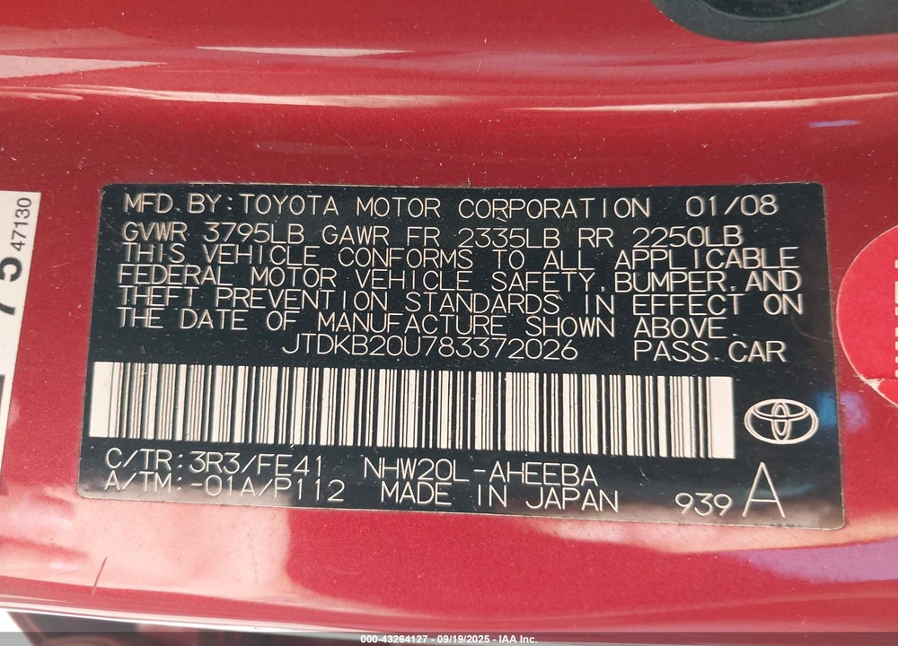 2008 TOYOTA PRIUS VIN: JTDKB20U783372026