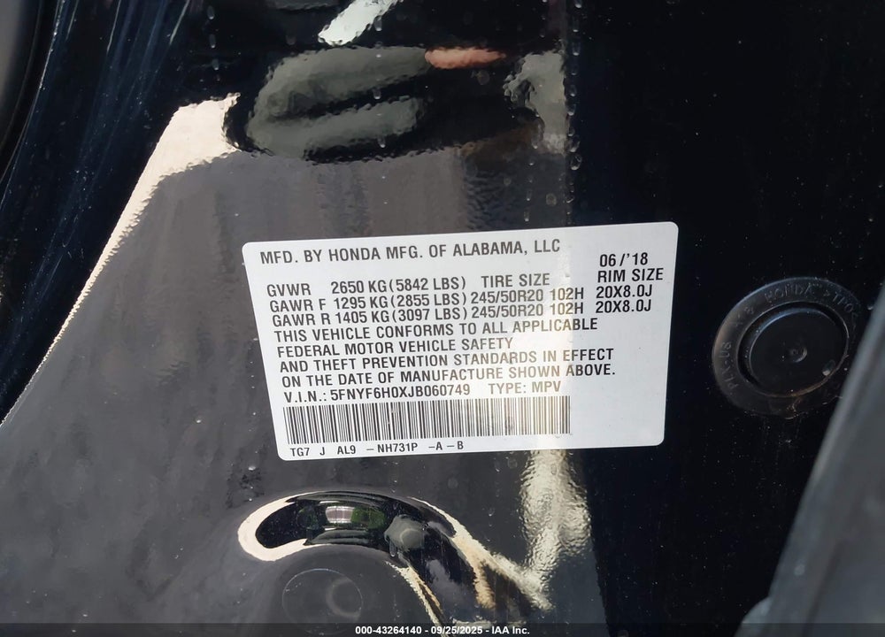 2018 HONDA PILOT VIN: 5FNYF6H0XJB060749