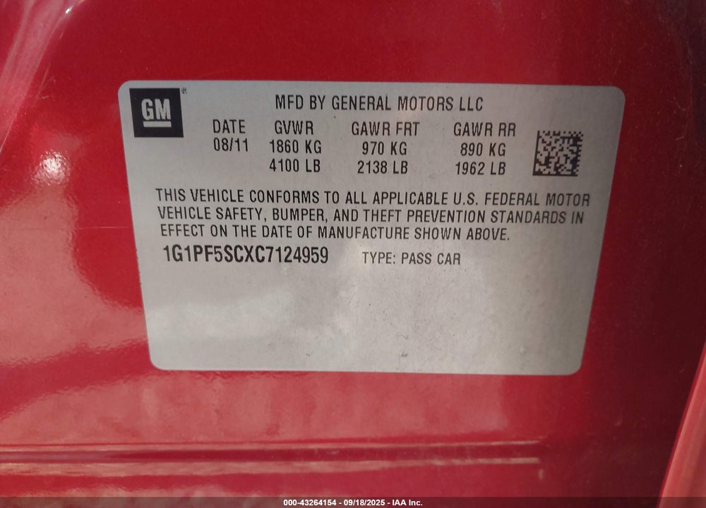 2012 CHEVROLET CRUZE VIN: 1G1PF5SCXC7124959