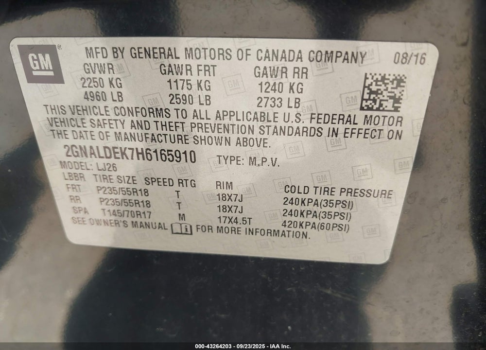 2017 CHEVROLET EQUINOX VIN: 2GNALDEK7H6165910