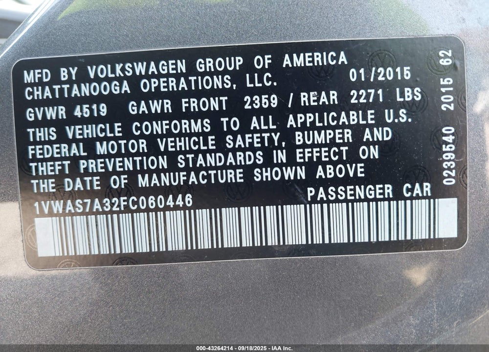2015 VOLKSWAGEN PASSAT VIN: 1VWAS7A32FC060446