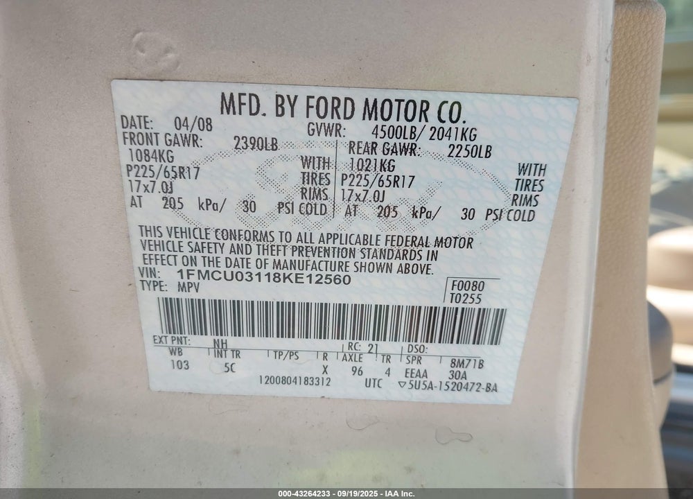 2008 FORD ESCAPE XLT VIN: 1FMCU03118KE12560