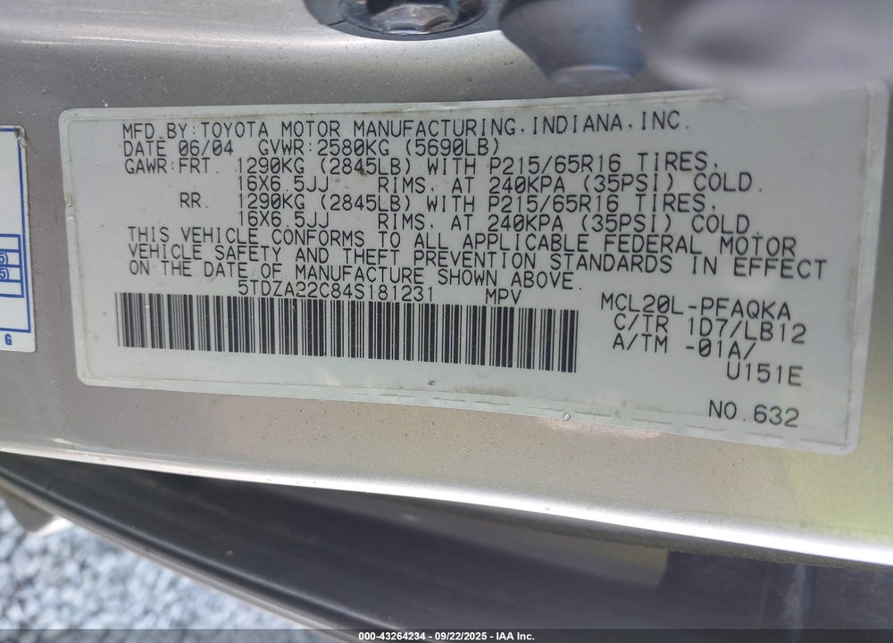 2004 TOYOTA SIENNA XLE VIN: 5TDZA22C84S181231