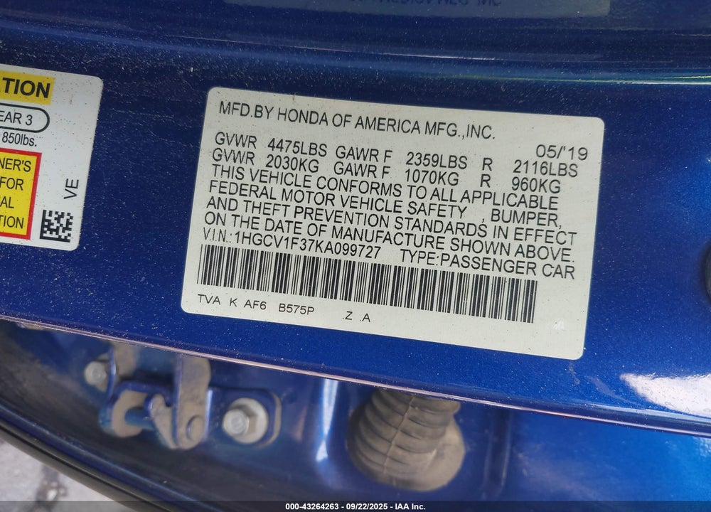 2019 HONDA ACCORD SPORT VIN: 1HGCV1F37KA099727
