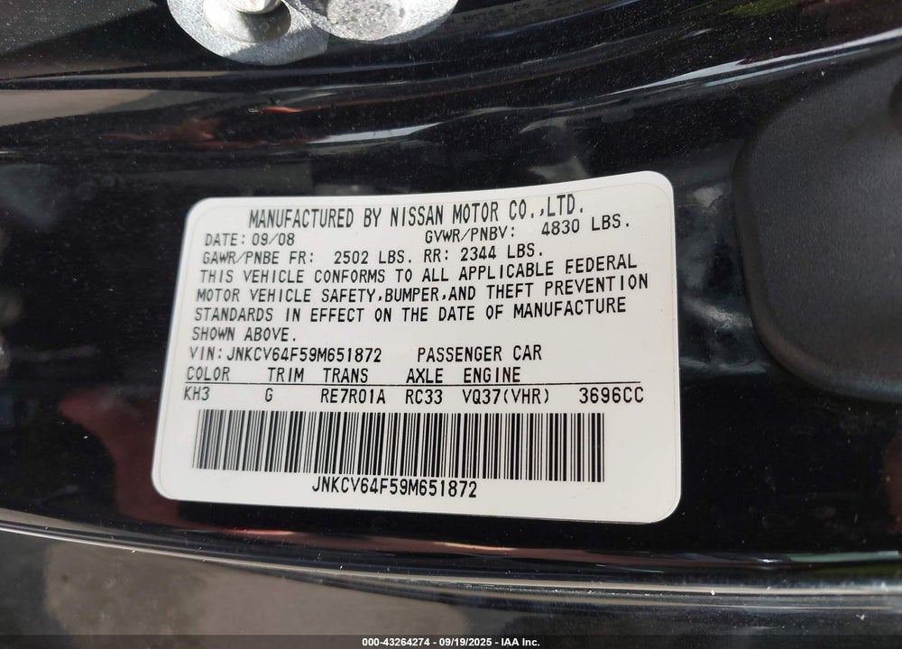 2009 INFINITI G37 VIN: JNKCV64F59M651872