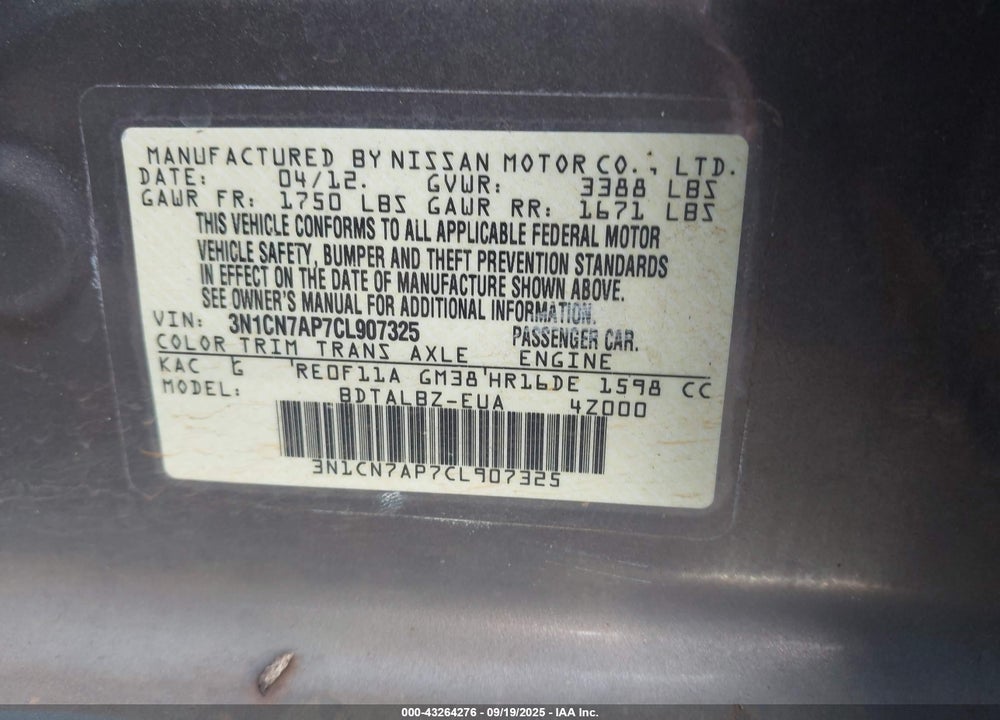 2012 NISSAN VERSA 1.6 SV VIN: 3N1CN7AP7CL907325