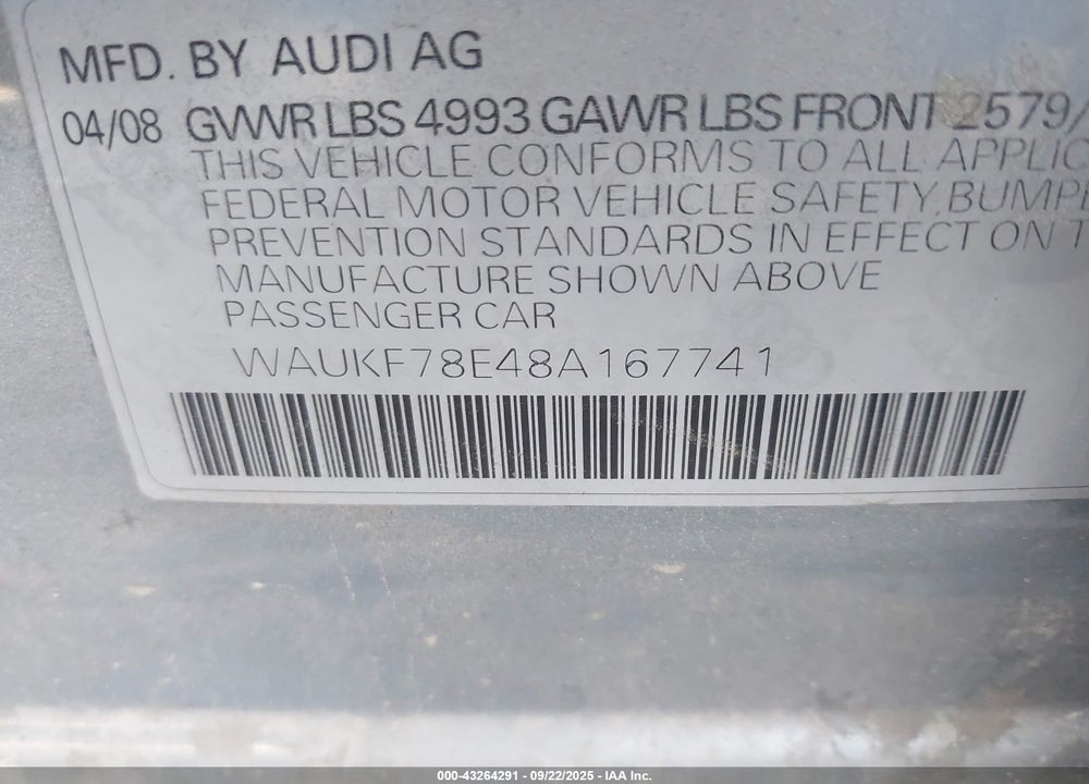 2008 AUDI A4 VIN: WAUKF78E48A167741