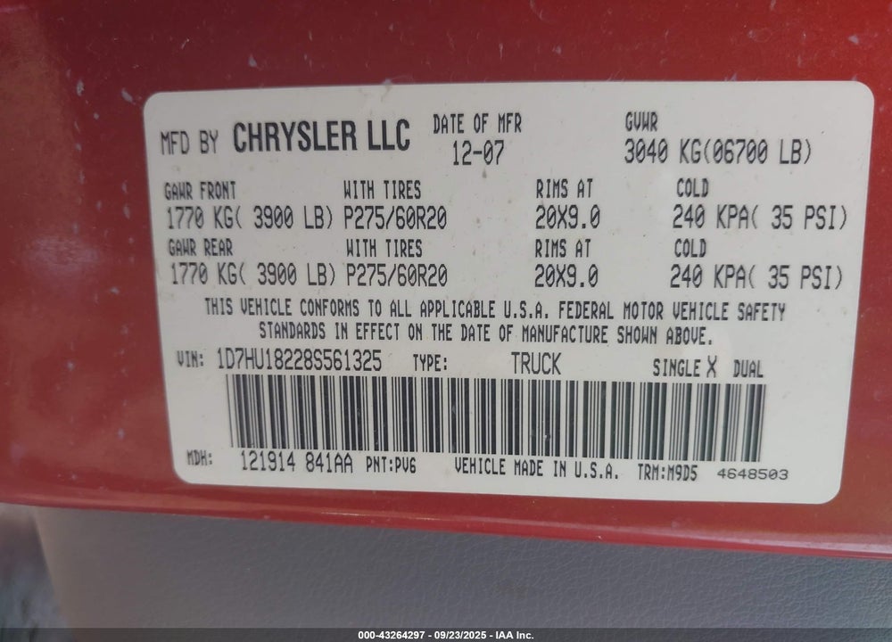 2008 DODGE RAM 1500 SLT VIN: 1D7HU18228S561325