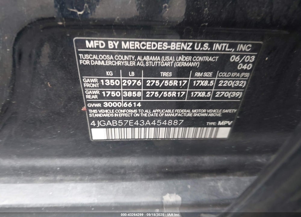 2003 MERCEDES-BENZ ML 350 VIN: 4JGAB57E43A454887